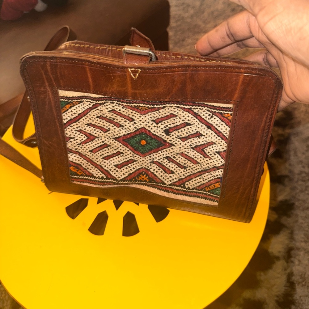 Brown Leather Bag with Geometric Pattern
